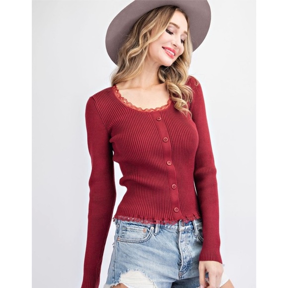 Women’s Winter Top Dressy Rib Knit Lace Top Red Blouse Cozy Knits Top Date Night - Picture 2 of 6